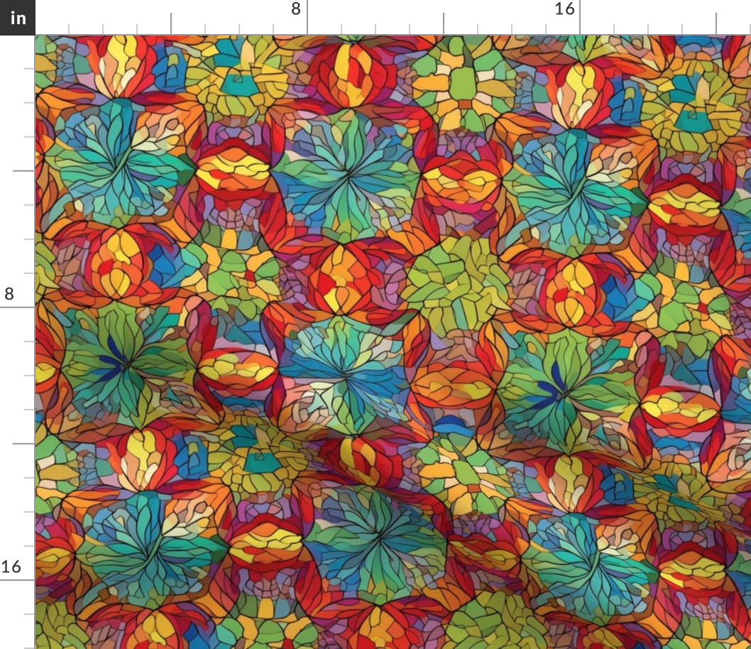 william morris inspired psychedelic stained glass floral mandalas in red and blue green