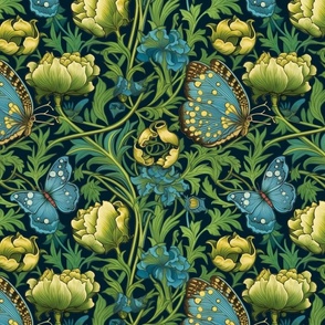 William morris inspired butterflies of blue and green