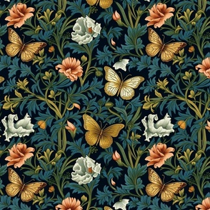 William Morris inspired Gold Butterflies in green
