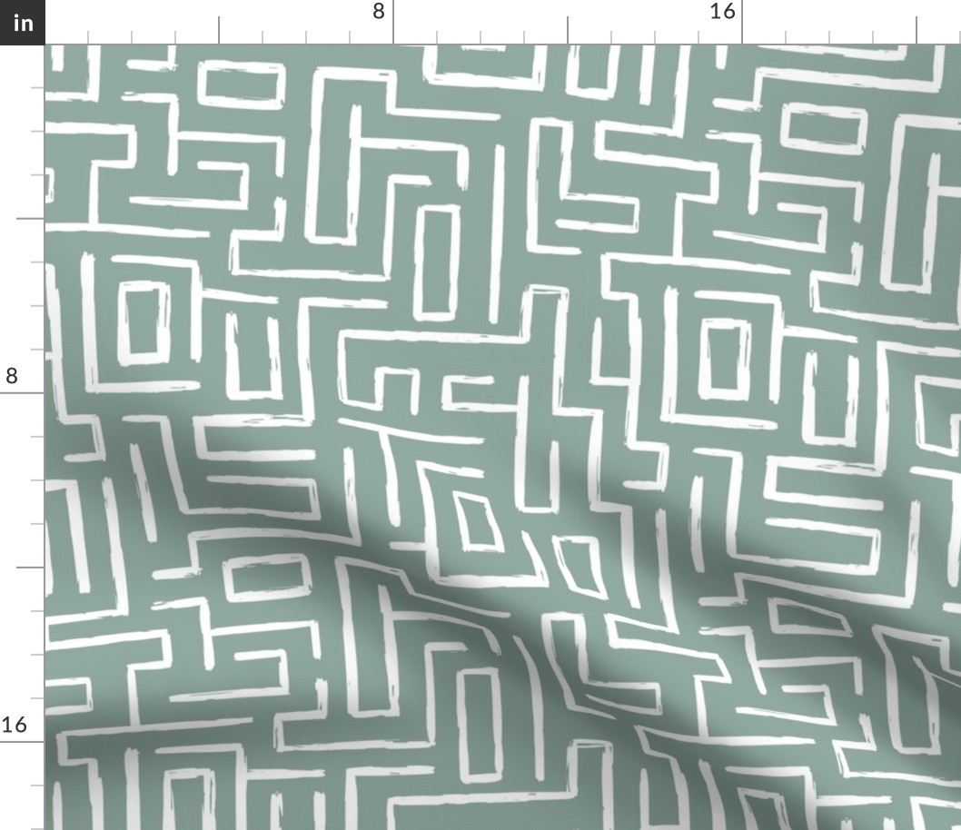 Rustic Modern Brush Abstract Pattern White on Sage Green, Maze Pattern