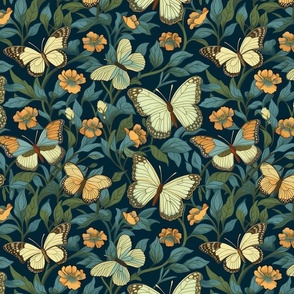 William Morris inspired Butterflies in Pale Yellow and blue green