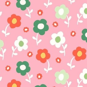 Scandinavian Modern Pink, Green, Yellow and Orange Daisy Flowers on a Pink Background 