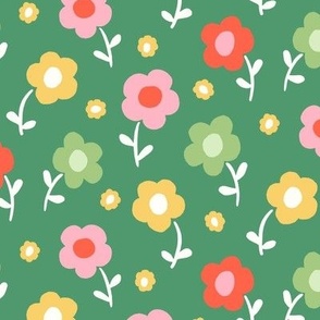 Scandinavian Modern Pink, Green, Yellow and Orange Daisy Flowers on a Green Background