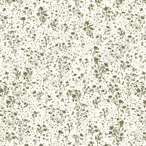 Expressive hand-drawn wildflower field in moss green and white - medium