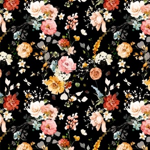 Hazy Romantic Florals, Black, 12 Inch White, Peach, Orange, Yellow, Vintage Charm, Detailed Texture, Flowers, Spring, Nature Inspired