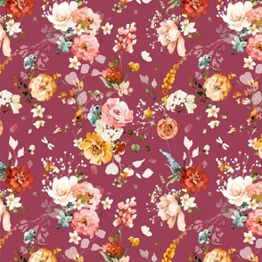 Hazy Romantic Florals, Burgundy, 12 Inch White, Peach, Orange, Yellow, Vintage Charm, Detailed Texture, Flowers, Spring, Nature Inspired