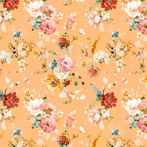 Hazy Romantic Florals, Muted, Mustard Yellow, 12 Inch White, Peach, Orange, Yellow, Vintage Charm, Detailed Texture, Flowers, Spring, Nature Inspired