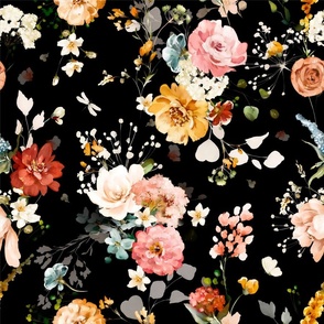 Hazy Romantic Florals, Black, 18 Inch White, Peach, Orange, Yellow, Vintage Charm, Detailed Texture, Flowers, Spring, Nature Inspired