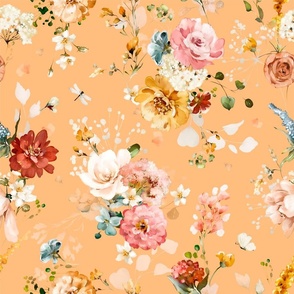 Hazy Romantic Florals, Muted Mustard Yellow 18 Inch, White, Peach, Orange, Yellow, Vintage Charm, Detailed Texture, Flowers, Spring, Nature Inspired