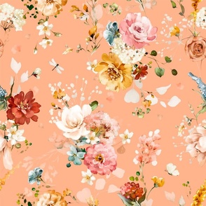 Hazy Romantic Florals, Peach, Orange Sherbert 18 Inch, White, Peach, Orange, Yellow, Vintage Charm, Detailed Texture, Flowers, Spring, Nature Inspired
