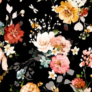 Hazy Moody Romantic Florals, Black 24 Inch White, Peach, Orange, Yellow, Vintage Charm, Detailed Texture, Flowers, Spring, Nature Inspired