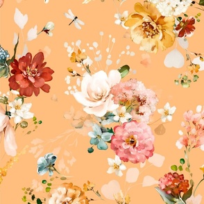 Hazy Romantic Florals, Muted Mustard Yellow, 24 Inch White, Peach, Orange, Yellow, Vintage Charm, Detailed Texture, Flowers, Spring, Nature Inspired