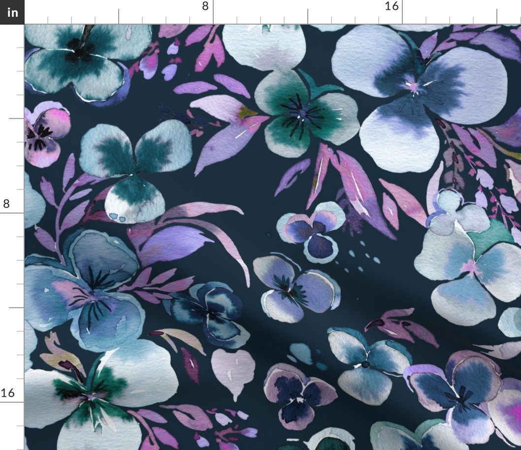 Moody floral Pansies watercolor Romantic dark floral Blue navy Jumbo Large floral