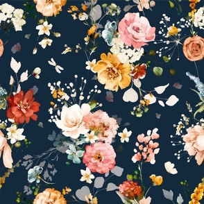 Hazy Romantic Florals, Dark Muted Blue, 18 Inch White, Peach, Orange, Yellow, Vintage Charm, Detailed Texture, Flowers, Spring, Nature Inspired