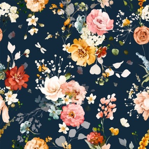 Hazy Romantic Florals, 24 Inch Dark Muted Blue, White, Peach, Orange, Yellow, Vintage Charm, Detailed Texture, Flowers, Spring, Nature Inspired