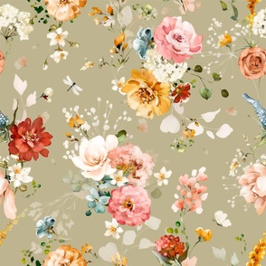 Hazy Romantic Florals, Sage Green, 24 Inch White, Peach, Orange, Yellow, Vintage Charm, Detailed Texture, Flowers, Spring, Nature Inspired