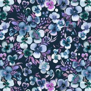 Moody floral Pansies watercolor Romantic dark floral Blue navy Micro