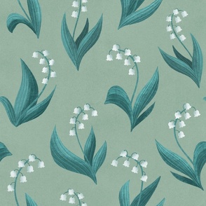LARGE Elegant Modern Hand-Drawn Textured Lily of the Valley on a Light Green Background 