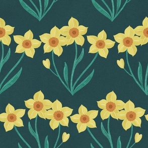 LARGE Beautiful Hand-Drawn Textured Narcissus Daffodil Yellow, Orange Spring Flower on a Dark Green Background