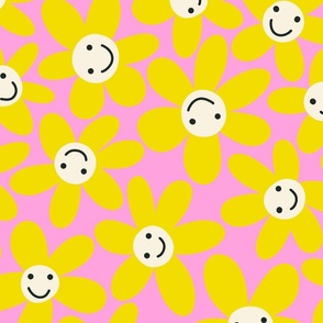 Cute Flower Faces Yellow on Pink / Happy Florals with Smiley Faces - L