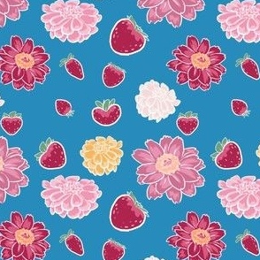 Strawberries and Zinnias on Blue Background