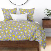 Cute Flower Faces Lavender Blue on Yellow  / Happy Florals with Smiley Faces - L