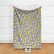 Cute Flower Faces Lavender Blue on Yellow  / Happy Florals with Smiley Faces - L
