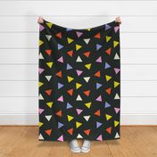 Tossed Triangles / Red Yellow White Blue Pink Triangles on Black / Non-Directional Abstract - Large