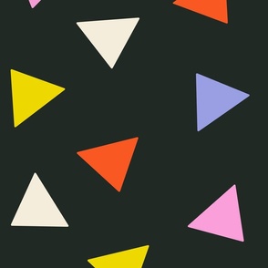 Tossed Triangles / Red Yellow White Blue Pink Triangles on Black / Non-Directional Abstract - Large