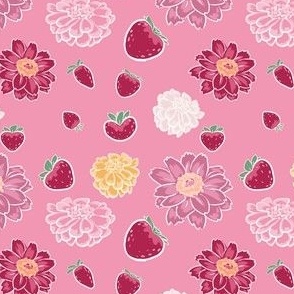 Strawberries and Zinnias on Pink Background