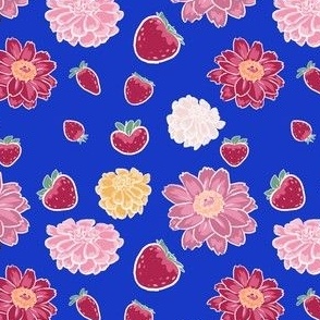 Strawberries and Zinnias on Royal Blue Background