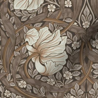Pimpernel - MEDIUM 14"  - historic reconstructed damask wallpaper by William Morris - brown beige sage antiqued restored reconstruction  art nouveau art deco