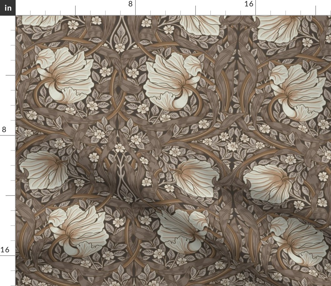 Pimpernel - MEDIUM 14"  - historic reconstructed damask wallpaper by William Morris - brown beige sage antiqued restored reconstruction  art nouveau art deco