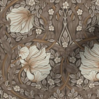 Pimpernel -Small 10"  - historic reconstructed damask wallpaper by William Morris - brown beige sage antiqued restored reconstruction  art nouveau art deco