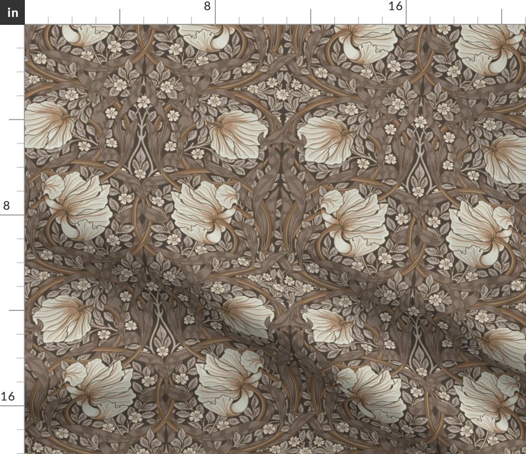 Pimpernel -Small 10"  - historic reconstructed damask wallpaper by William Morris - brown beige sage antiqued restored reconstruction  art nouveau art deco