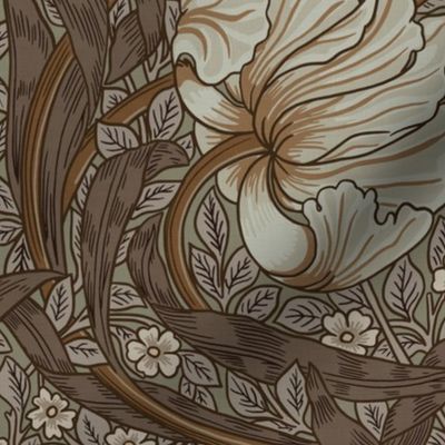 Pimpernel - LARGE 21"  - historic reconstructed damask wallpaper by William Morris - brown beige  gray sage antiqued restored reconstruction  art nouveau art deco - linen effect