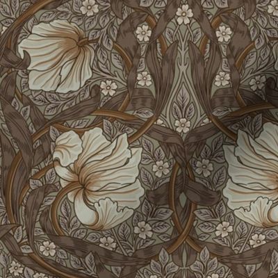 Pimpernel - SMALL 10"  - historic reconstructed damask wallpaper by William Morris - brown beige  gray sage antiqued restored reconstruction  art nouveau art deco - linen effect