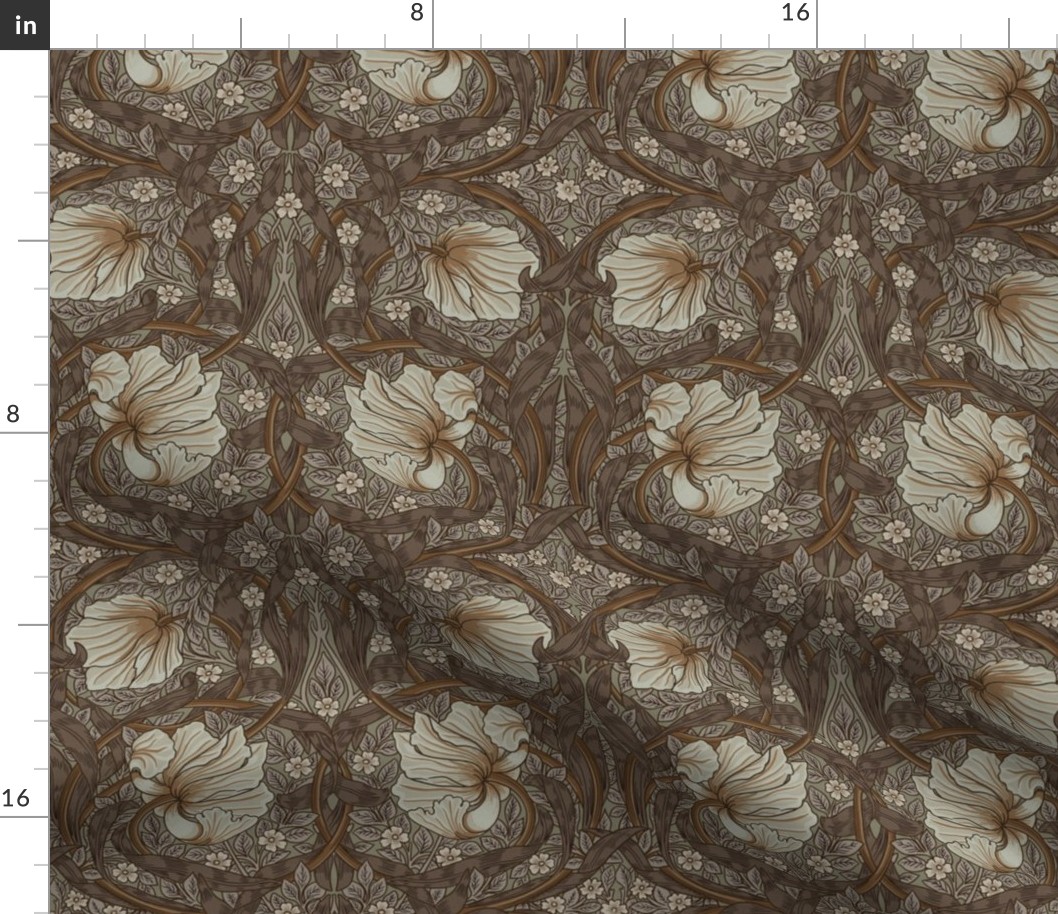 Pimpernel - SMALL 10"  - historic reconstructed damask wallpaper by William Morris - brown beige  gray sage antiqued restored reconstruction  art nouveau art deco - linen effect