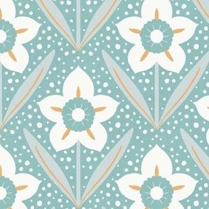 MEDIUM Modern Hand-drawn Textured Floral Daffodil Narcissus Tile on a Pastel Blue background