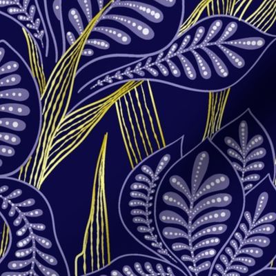 (M) Folk Irises with filigree detail on royal blue background