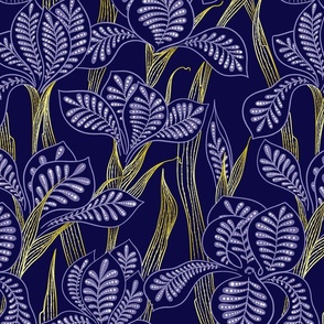 (M) Folk Irises with filigree detail on royal blue background