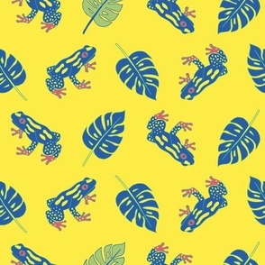 Tropical Blue Frogs & Monstera Palms  on Yellow  Base