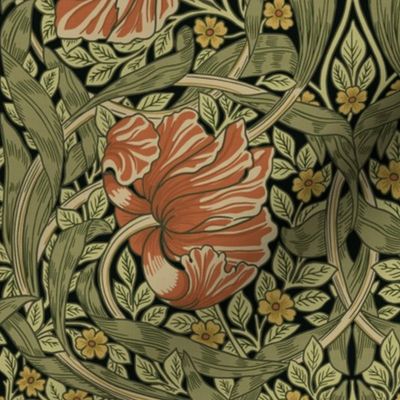 Pimpernel - MEDIUM 14"  - historic reconstructed damask wallpaper by William Morris - orange green antiqued restored reconstruction  art nouveau art deco - linen effect