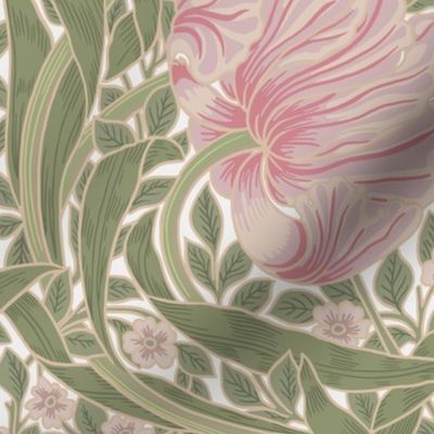 Pimpernel - LARGE 21"  - historic reconstructed damask wallpaper by William Morris - pink and spring green antiqued restored reconstruction  art nouveau art deco 