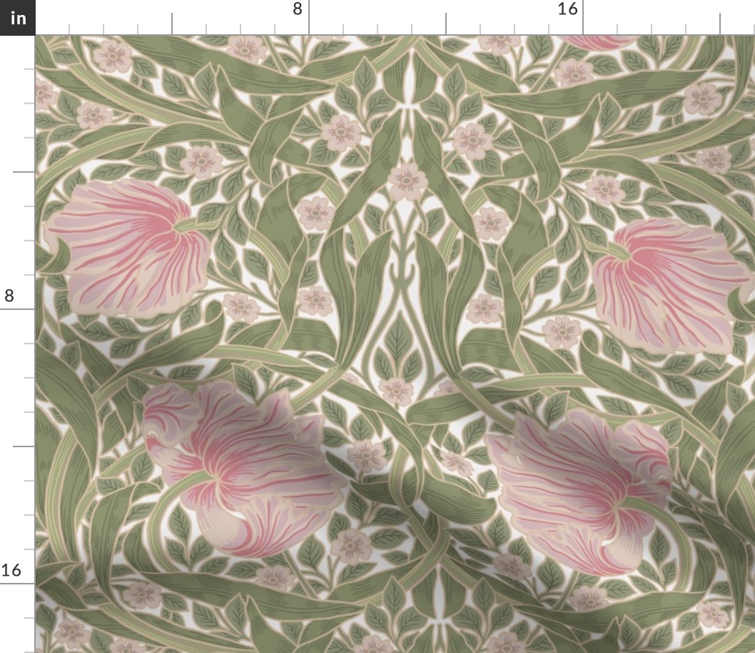 Pimpernel - LARGE 21"  - historic reconstructed damask wallpaper by William Morris - pink and spring green antiqued restored reconstruction  art nouveau art deco 
