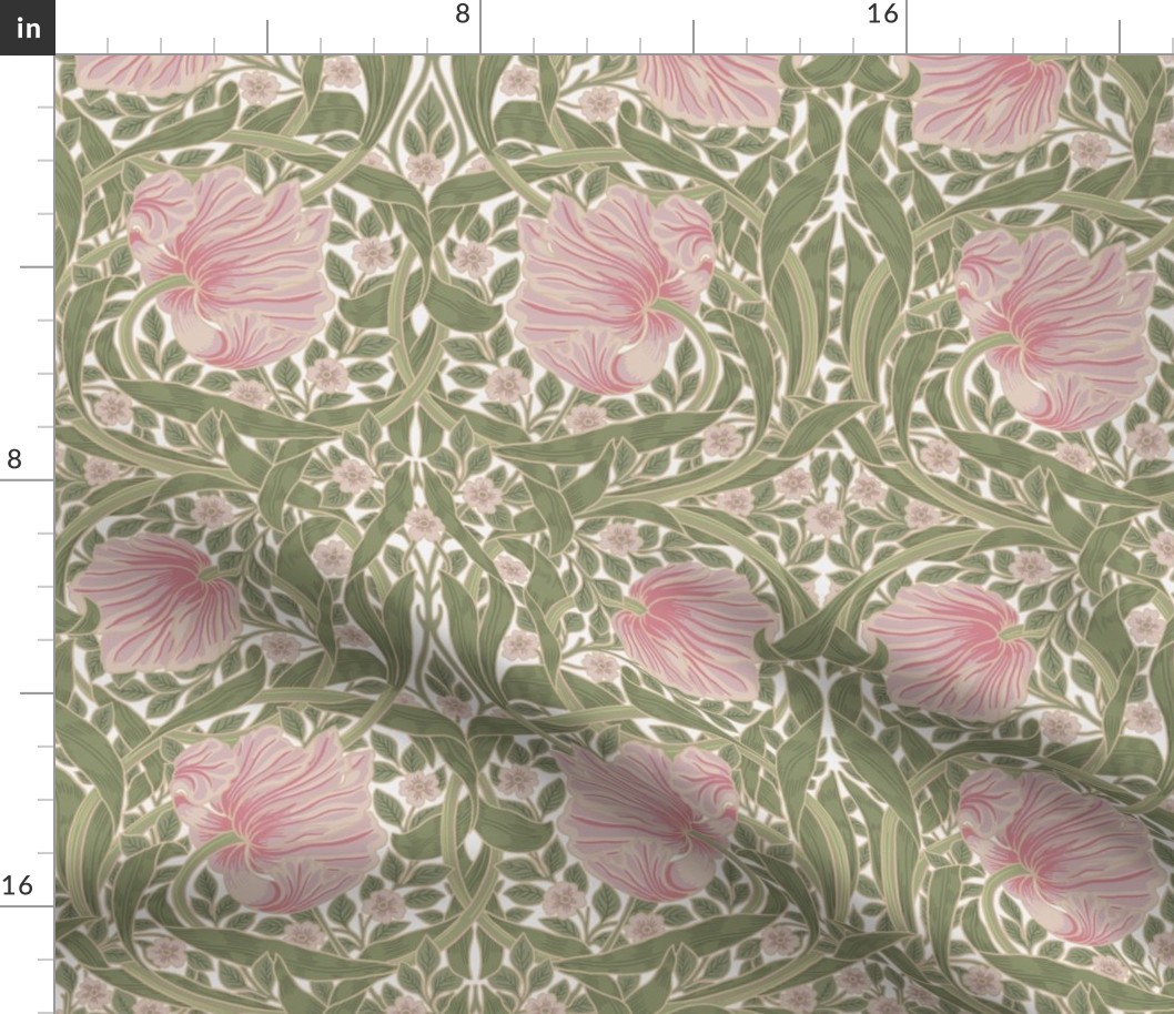 Pimpernel - MEDIUM 14"  - historic reconstructed damask wallpaper by William Morris - pink and spring green antiqued restored reconstruction  art nouveau art deco 