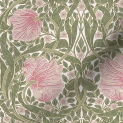 Pimpernel - Small 10” - historic reconstructed damask wallpaper by William Morris - pink and spring green antiqued restored reconstruction  art nouveau art deco 