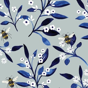 Watercolour Bees with Indigo Branches and White Flowers on Duck Egg Blue