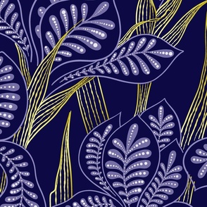 (L) Folk Irises with filigree detail on royal blue background