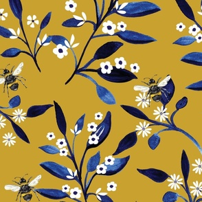 Watercolour Bees with Indigo Branches and White Flowers on Mustard Yellow